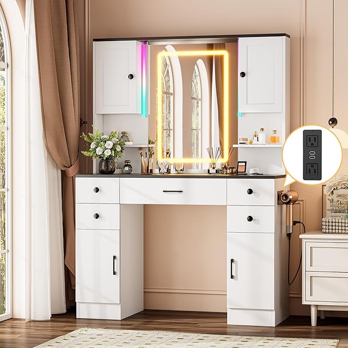 KAMABOKO Vanity Desk with Mirror and Lights, Makeup Vanity Table with Drawers & Shelves, Power Outlet, Dressing Table with Jewelry Storage for Bedroom (051 Black)