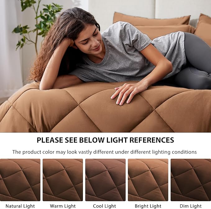 Love's cabin King Size Comforter Set Mocha Mousse, 7 Pieces King Bed in a Bag, All Season Bedding Sets with 1 Comforter, 1 Flat Sheet, 1 Fitted Sheet, 2 Pillowcase and 2 Pillow Sham | Soft, Breathable, Lightweight, Comfortable