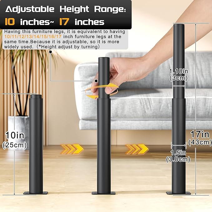 Metal Adjustable Furniture Legs 10-17 inch, Wlrrcwdttc Sofa Cabinet Legs Adjustable Height Replacement Support Legs for Bed/Couch/Dresser/Chair/TV Stand/Coffee Table, Legs for Furniture Set of 4-Black