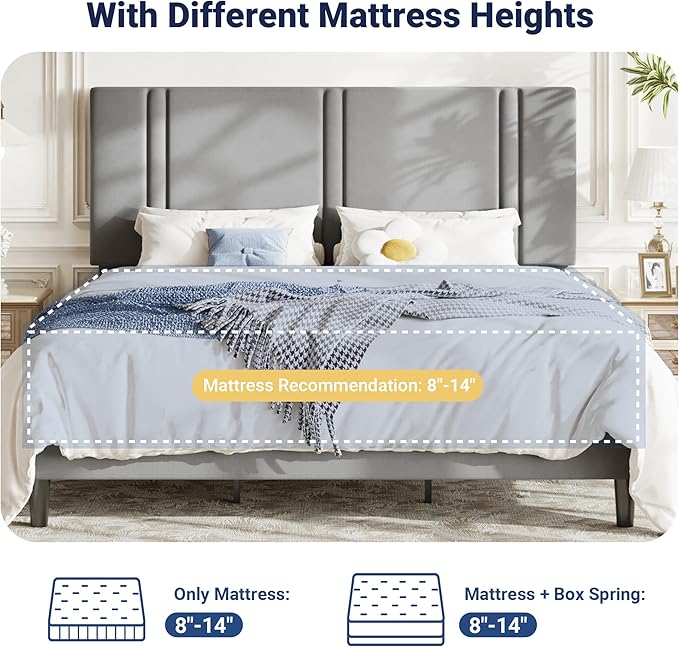 Allewie King Size Platform Bed Frame with Adjustable Headboard, Plush Velvet Upholstered, Vertical Channel Tufted, Sturdy Wooden Slats, No Box Spring Needed, Easy Assembly, Grey