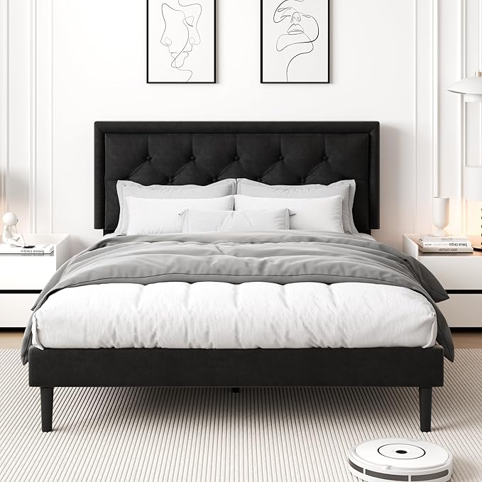 CXVX Queen Size Platform Bed Frame with Upholstered Velvet Button Tufted Headboard, Mattress Foundation with Wooden Slat Support, No Box Spring Needed, Easy Assembly, Noise Free, Black
