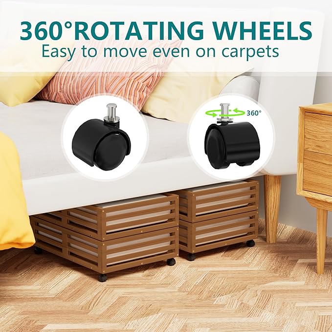 Wisuce Bamboo Under Bed Storage Containers- Underbed Organizer with Wheels with Dust Bag,Sturdy Wood Rolling Under the Bed Shoe Storage Organizer Drawers (Brwon, 2 Pack (23.62"×16.54"))