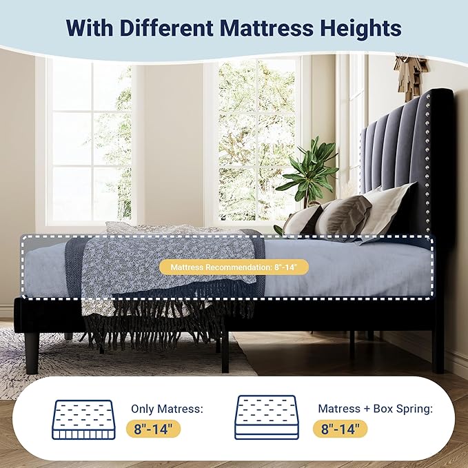 Allewie Full Size Bed Frame with Adjustable Velvet Upholstered Headboard, Rivet-Style Nailhead Trim Detail Platform Bed Frame, Wooden Slat Support, No Box Spring Needed, Easy Assembly, Black