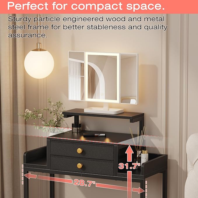 HIGDBFE Vanity Desk with Mirror and Lights, 28.4''W Small Makeup Vanity Table with Height-Adjustable Stand, 2 Fabric Drawers Compact Makeup Desk, Gift for Girls, Bedroom Small Space, Black