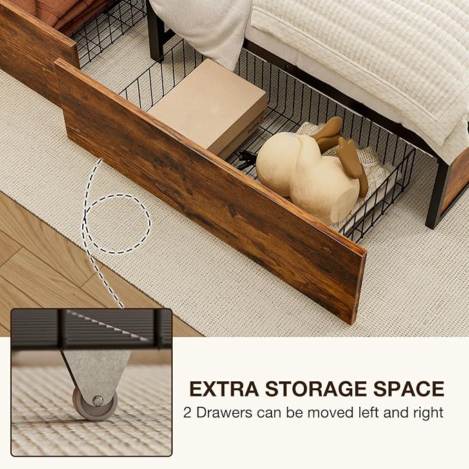 GAZHOME Twin XL Bed Frame with 2 XL Storage Drawers, Metal Platform Bed Frame with Footboard, 9 Strong Metal Slat Support/No Box Spring Needed/Easy Assembly/Space Saving Wood