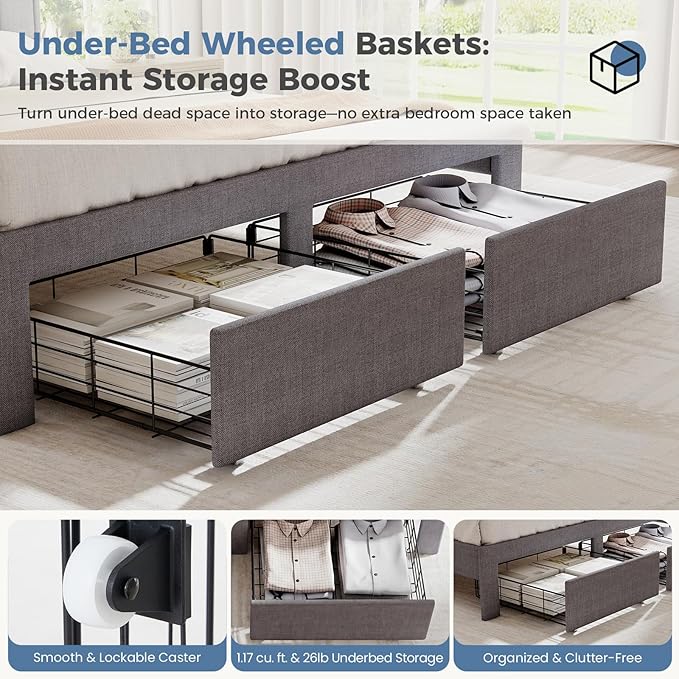 DUMOS Full Size Upholstered Platform Bed Frame, Full Bed with Storage Drawers and Fabric Headboard, Wooden Slats Support, 882 lbs Weight Capacity, No Box Spring Needed, Easy Assembly, Gray