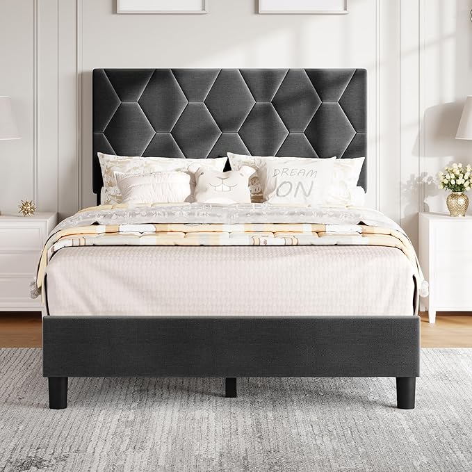 GarveeHome Grey Twin Bed Frame with Upholstered Headboard, Upholstered Bed Frame, Heavy-Duty Platform Bed Frame with Adjustable Headboard, Strong Wood Slat Support/No Box Spring Needed/Noise Free