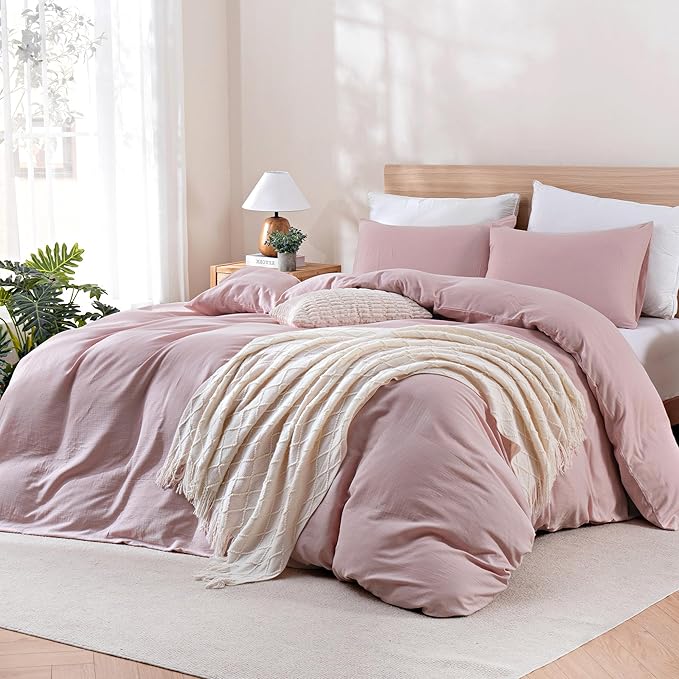 TOCOMOA Muslin Duvet Cover 100% Cotton Like Linen Texture Breathable Soft Comfy 3-Piece Pink Comforter Cover Bedding Set (Queen 90"x90", Comforter Not Included)