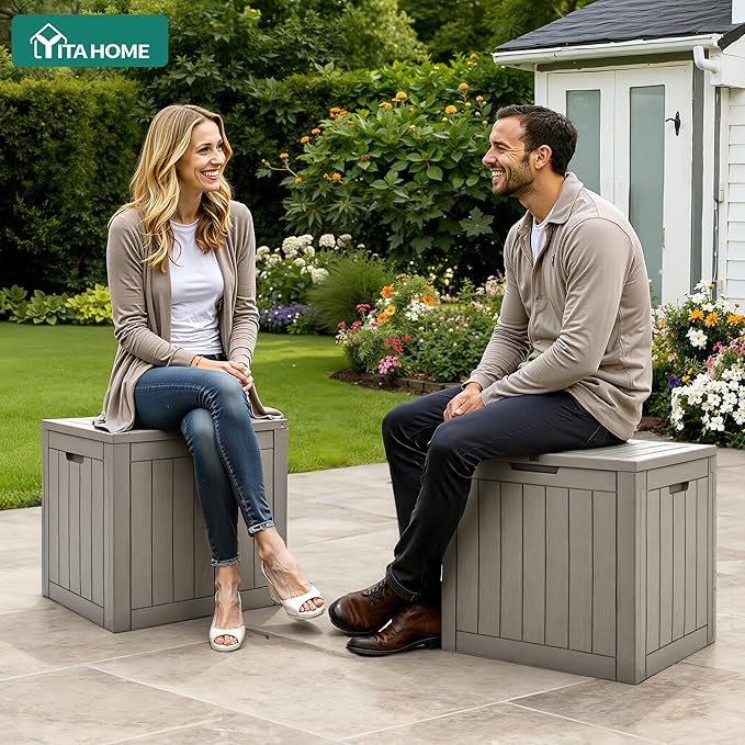 YITAHOME 30 Gallon Deck Boxes 2 Pack, Waterproof Outdoor Storage for Cushions, Tools & Pool Accessories, Resin Package Delivery for Patios, Gardens & Decks, Taupe
