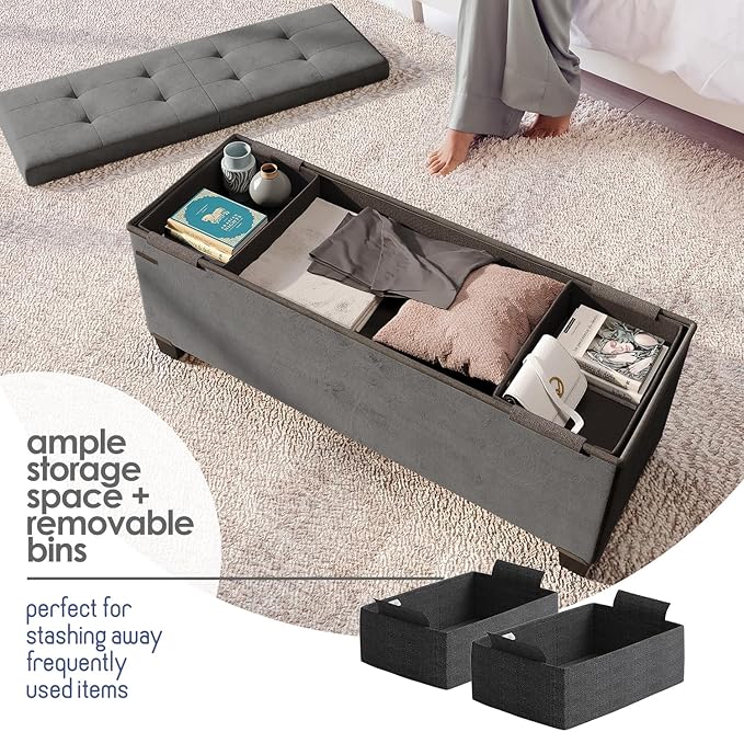 Storage Ottoman Bench with Bins, 43-in Storage Bench for Bedroom End of Bed, Folding Foot Rest Ottoman for Living Room Max 660lbs, Velvet Ottomans, Grey