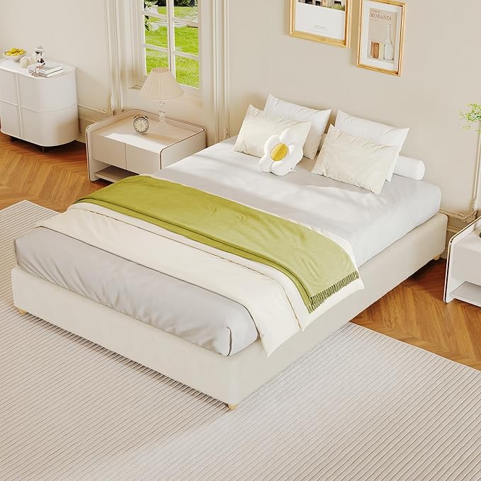 Twin Size Cloud Bed Frame，Teddy Fleece Low Bed Frame Without Headboard, Thick Boucle Fabric Upholstered Platform Bed, Solid Wood Legs, No Box Spring Needed, Never Squeak, Easy Assembly, Cream