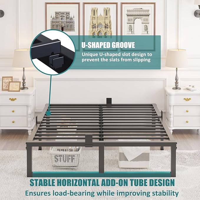 Yitong Angel King Bed Frame, 14 Inch High 3500 lbs Metal Platform, Mattress Foundation with Steel Slat Support/No Box Spring Needed/Noise Free/Non-Slip/Easy Assembly