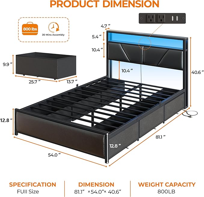 OURPIC Full Size Bed Frame, 2-Tier Storage Headboard & 6 Fabric Drawers, PU Leather Upholstered Platform Bed Frame Full with Charging Station and LED Lights, No Box Spring Needed, Noise Free