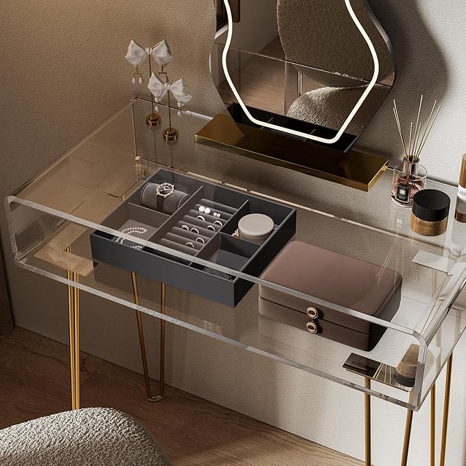 Eglaf Acrylic Vanity Desk - Small Makeup Vanity Table - Dressing Table for Bedroom, Dressing Room, Large Storage Space, 31.5'' L x 15.7'' W x 32.1'' H, Gold Metal Legs