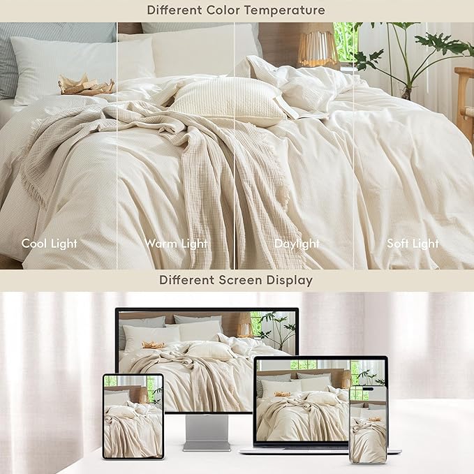MooMee Striped Duvet Cover Set 100% Washed Cotton Linen Like Textured Breathable Durable Soft Comfy (Almond Milk Grey Pinstripes, Full 80"x90")