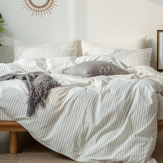 MooMee Striped Duvet Cover Set 100% Washed Cotton Linen Like Textured Breathable Durable Soft Comfy (White Dark Grey Wide Stripes, Cal King 104"x98")