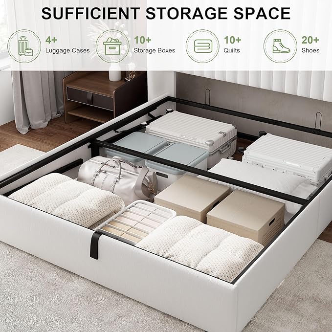 Feonase Full Size Lift Up Storage Bed Frame, Velvet Upholstered Platform Bed Frame with Wingback Headboard, Hydraulic Storage, No Box Spring Needed, White