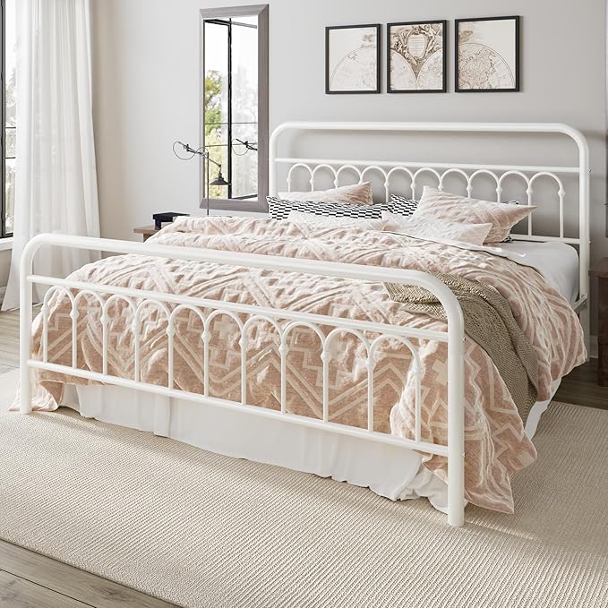 Allewie 14 Inches King Size Metal Platform Bed Frame with Victorian Style Curved Iron-Art Headboard/Footboard, Easy Assembly, Under Bed Storage, No Box Spring Required, Cream White