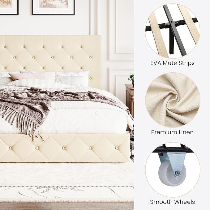 SHA CERLIN Upholstered King Size Platform Bed Frame with 4 Storage Drawers, Adjustable Headboard with Diamond Stitched Button Tufted Design, Wooden Slat Support, No Box Spring Needed, Beige