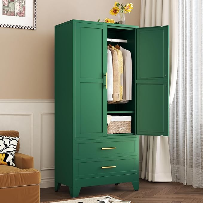 winiowa Metal Armoire Wardrobe Closet with 2 Drawers, 71" Wardrobe Cabinet with Adjustable Shelves and Hanging Rod, Clothing Storage Cabinet Closet for Bedroom-Green
