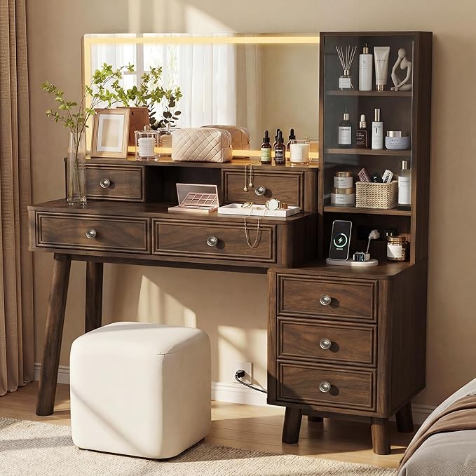 Furmax 48" Makeup Vanity Desk with Large Mirror and Lights,Big Wood Vanity Table with 5 Drawers＆Glass Storage Cabinet with Adjustable Shelves,Dressing Table with Charging Station for Bedroom (Walnut)