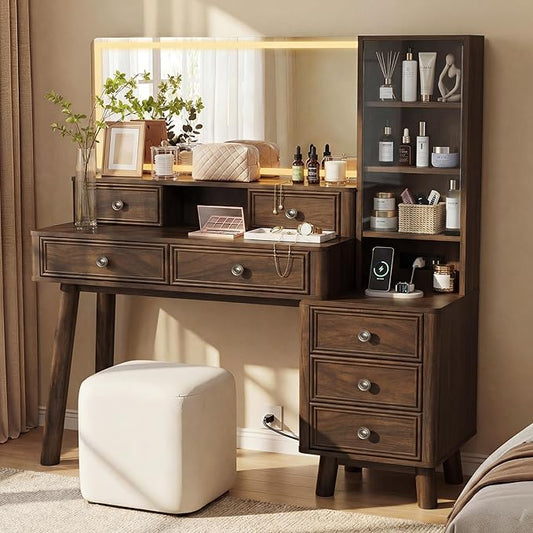 Furmax 48" Makeup Vanity Desk with Large Mirror and Lights,Big Wood Vanity Table with 5 Drawers＆Glass Storage Cabinet with Adjustable Shelves,Dressing Table with Charging Station for Bedroom (Walnut)