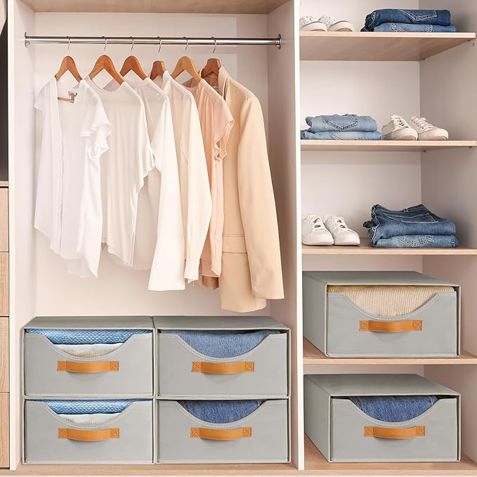 4 Pcs 16.5" Closet Drawers and Large Size Clothes Storage Bins Push-Out Storage Stackable Shelf Drawers with See-Through Window Closet Organizers for Bedroom, Living Room, Under Bed, Grey