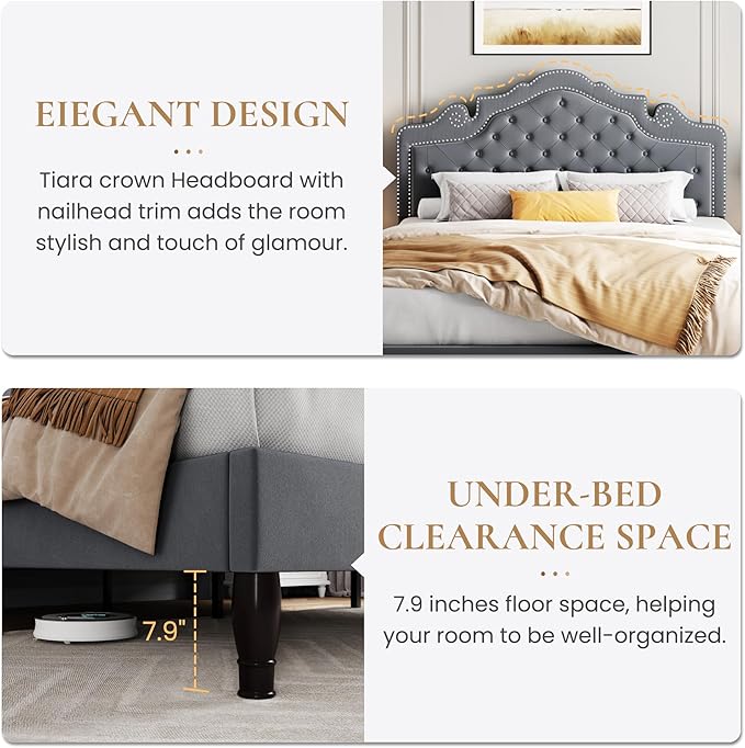 SHA CERLIN Full Size Bed Frame with Adjustable Headboard/Velvet Upholstered/Diamond Button Tufted and Metal Studs/No Box Spring Needed/Wooden Slat Support/Easy Assembly/Light Grey
