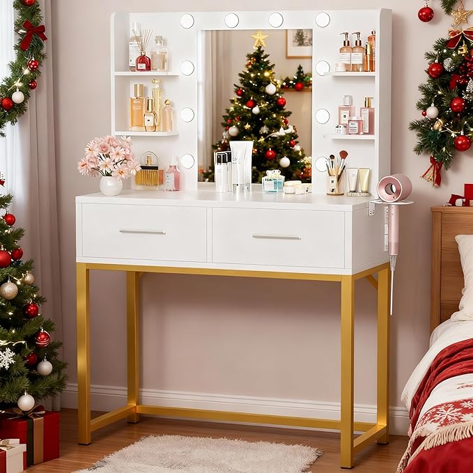 YESHOMY Vanity Desk with Mirror, Makeup Table with 2 Large Drawers, Power Outlet and Round Holder, 3 Color Modes Adjustable Bulb, Milk White & Gold Frame