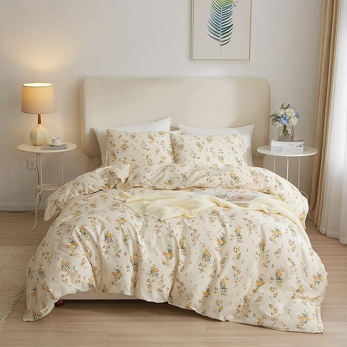 mixinni Aesthetic Floral Duvet Cover Set Twin XL Size, Farmhouse Boho Yellow Flowers Leaves Cute Bedding Set for Women, 1 Soft Cotton Chic Duver Cover and 2 Pillowcases for All Seasons-Twin XL Size