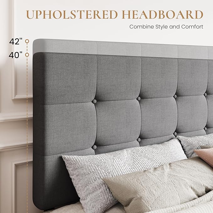SHA CERLIN Upholstered Full Size Platform Bed Frame with 4 Storage Drawers, Adjustable Headboard with Square Stitched Button Tufted Design, Wooden Slat Support, No Box Spring Needed, Light Grey