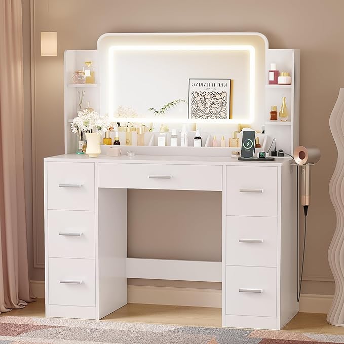 YESHOMY 43.3''Vanity Desk with LED Mirror & Power Outlet, 7 Drawer Makeup Vanity with Side Shelves, Lighted Dressing Table for Bedroom(White