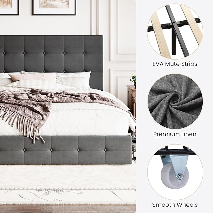 SHA CERLIN Upholstered King Size Platform Bed Frame with 4 Storage Drawers, Adjustable Headboard with Square Stitched Button Tufted Design, Wooden Slat Support, No Box Spring Needed, Dark Grey