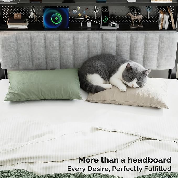 VINGLI King Size Headboard Only, Adjustable Upholstered Headboard with 2 Tier Shelves and Pegboard with Charging Stations and LED Lights, Modern Bed Headboard with Storage for Bedroom Decor