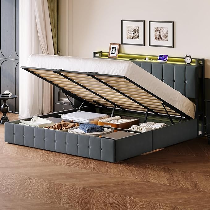 Garvee King Size Lift Up Storage Bed with LED Lights, Upholstered Velvet Bed Frame with Storage Headboard & Charging Station, Metal Platform Bed, No Box Spring Needed, Solid Wooden Slats, Grey