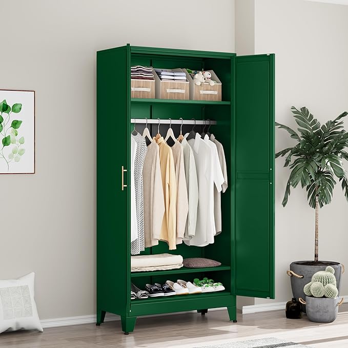 GAIOUS Metal Wardrobe Cabinet with Hanging Rod, 71" Metal Clothing Storage Cabinets with 2 Doors and Adjustable Shelves, Green Armoire Wardrobe Closet for Bedroom, Laundry Room, Cloak Room