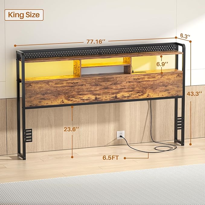 Unikito Headboard for King Size Bed with Storage Shelf, Head Board with 3 Outlets and 2 USB Ports, Headboards with RGB LED Light, Height Adjustable, Sturdy and Stable, Easy Assembly, Rustic Brown