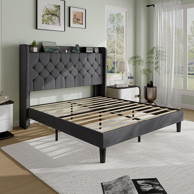 SHA CERLIN Queen Platform Bed Frame with Charging Station, Linen Wingback Headboard with Storage Shelf, Wooden Slats Support, Ample Under-Bed Space, No Box Spring Needed, Easy Assembly, Dark Grey