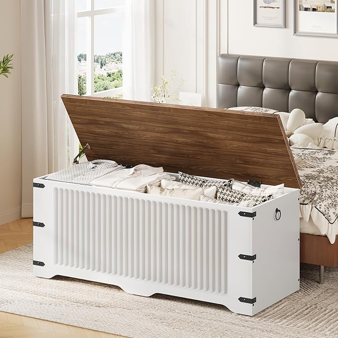 HOOBRO Storage Bench, Toy Box Organizer, Toy Chest with Safety Hinge, Farmhouse Style Storage Chest, 39.3 x 15.7 x 17.7 Inches for Living Room, Bedroom, Entryway, White and Walnut WH26CW01