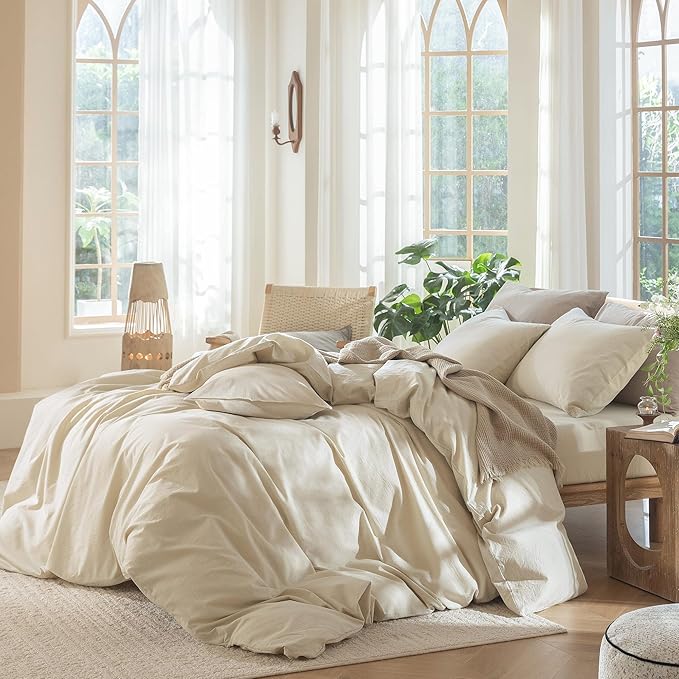 MooMee Bedding Duvet Cover Set 100% Washed Cotton Linen Like Textured Breathable Durable Soft Comfy (Heathered Almond Milk Grey, Palatial King/Oversized King 120"x98")