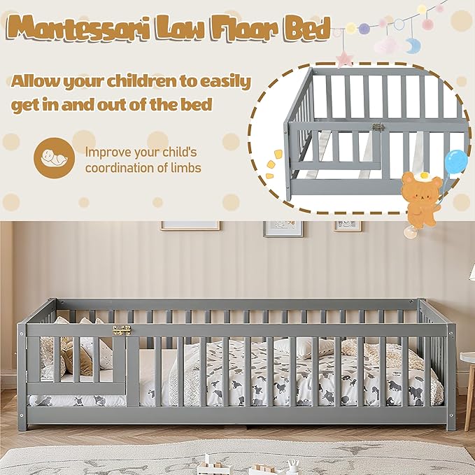 Bellemave Montessori Twin Floor Bed Frame with Fence and Removable Door, Low Profile Twin Size Montessori Bed Frame for Kids, Solid Wooden Floor Beds for Bedroom,Nursery, Grey