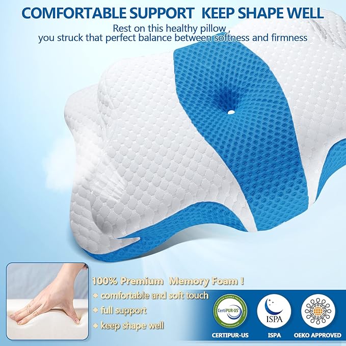 CHxxy Cervical Neck Pillow for Pain Relief Sleeping, Memory Foam Pillows, Ergonomic Side Sleeper Pillows for Adults, Orthopedic Neck Support Pillow for Back Stomach Sleepers-King Size&Blue