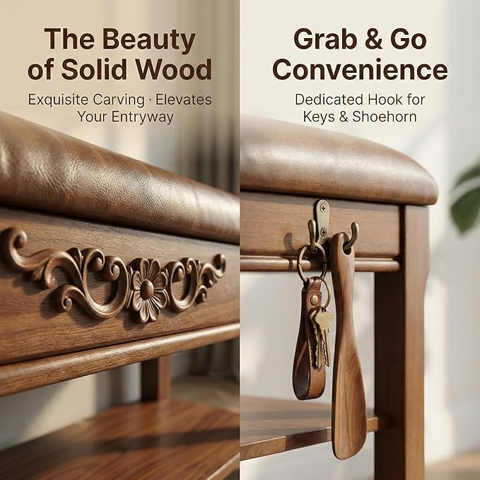 Shoe Rack Bench Entryway Storage with Leather Cushion, Shoe Organizer Bench for Entryway, Front Doors Entrances Hallway,Mudroom,Closet, Bedroom,Solidwood 3 Height-Adjustable Removable Shelve,39.4"
