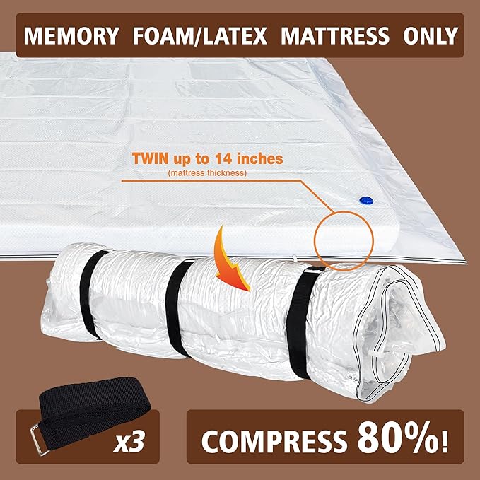 Twin Mattress Vacuum Bag for Moving Storage Shipping, for Memory Foam Latex Mattress Thick and Tear Resistant with Straps (Twin)