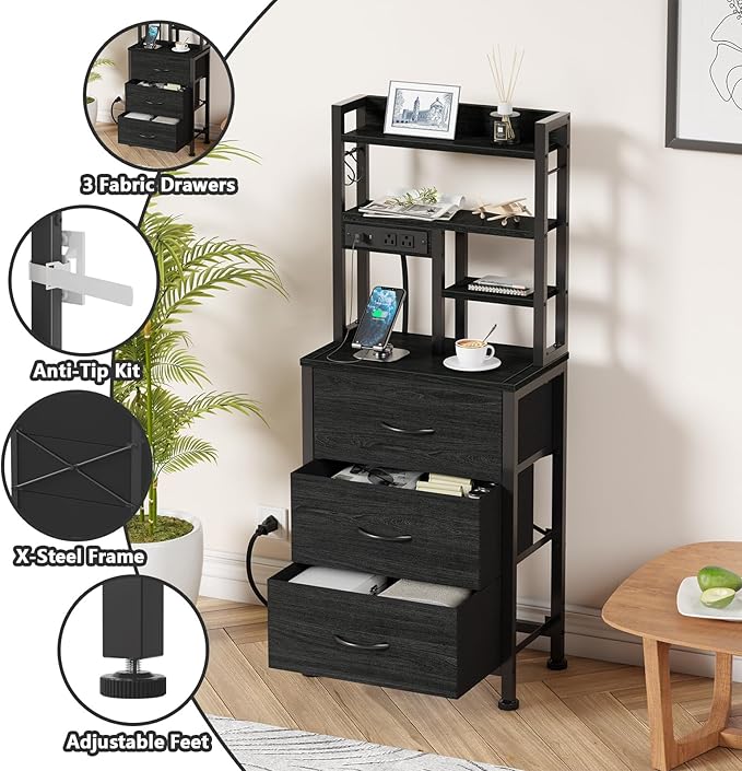 Furnulem Tall Night Stand with 3 Fabric Drawers and LED Lights, Nightstand with Bookshelf, 45.3inch Tall Bedside Tables with USB Ports in Bedroom, Dorm, Office,Metal Frame, Wood Shelves (Black Oak)