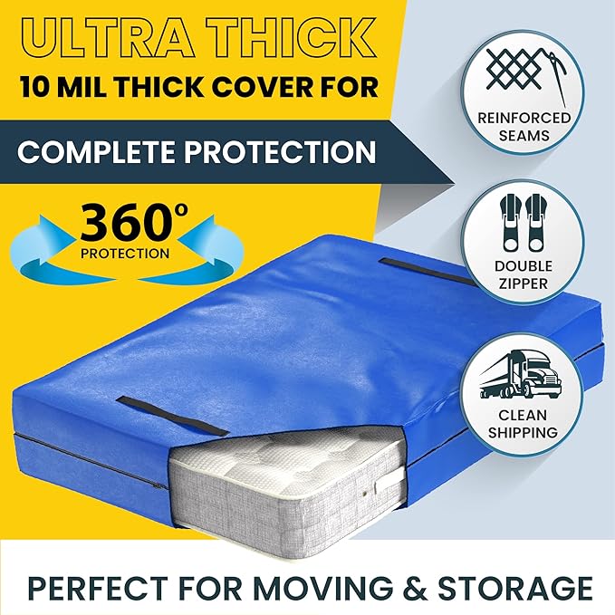 (Full) 10 Mil Thick - Moving and Storage Mattress Bag w Zipper and 8 Carrying Handles - Waterproof - UV Resistant - Heavy Duty - Long Lasting (Blue, Full)
