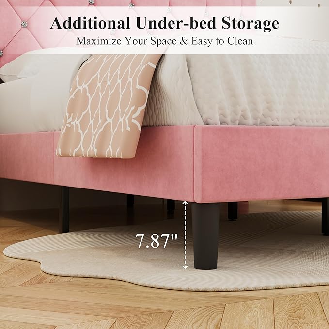 VECELO Queen Size Bed Frame with Diamond Tufted Headboard, Upholstered Platform Bedframe with Wood Slat Support, No Box Spring Needed, Mauve Pink