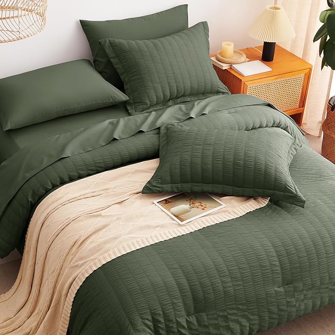 CozyLux King Size Comforter Set Dark Green Seersucker 7 Pieces Bed in a Bag King Comforter Set with Sheets, Luxury Bedding Sets with Down Alternative Comforter, Sheets, Pillowcases & Shams All Seasons