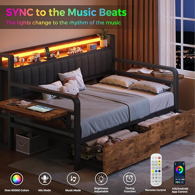 Jocoevol Twin Corner Bed Frame with Storage Drawers and LED Light, Heavy Duty Metal Daybed with Upholstered Storage Headboard & Charging Station, Twin Size Day Bed for Kids Teens Guests, Brown