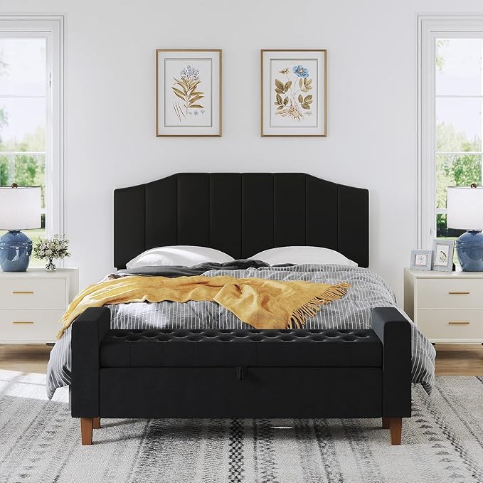 Furpopup Velvet Queen Size Headboard, Upholstered Headboard Queen/Full Size Wall Mount and Bed Frame Mount, Featuring High-Density Sponge Padding Luxury Texture Easy Assembly Comfort Style-Black